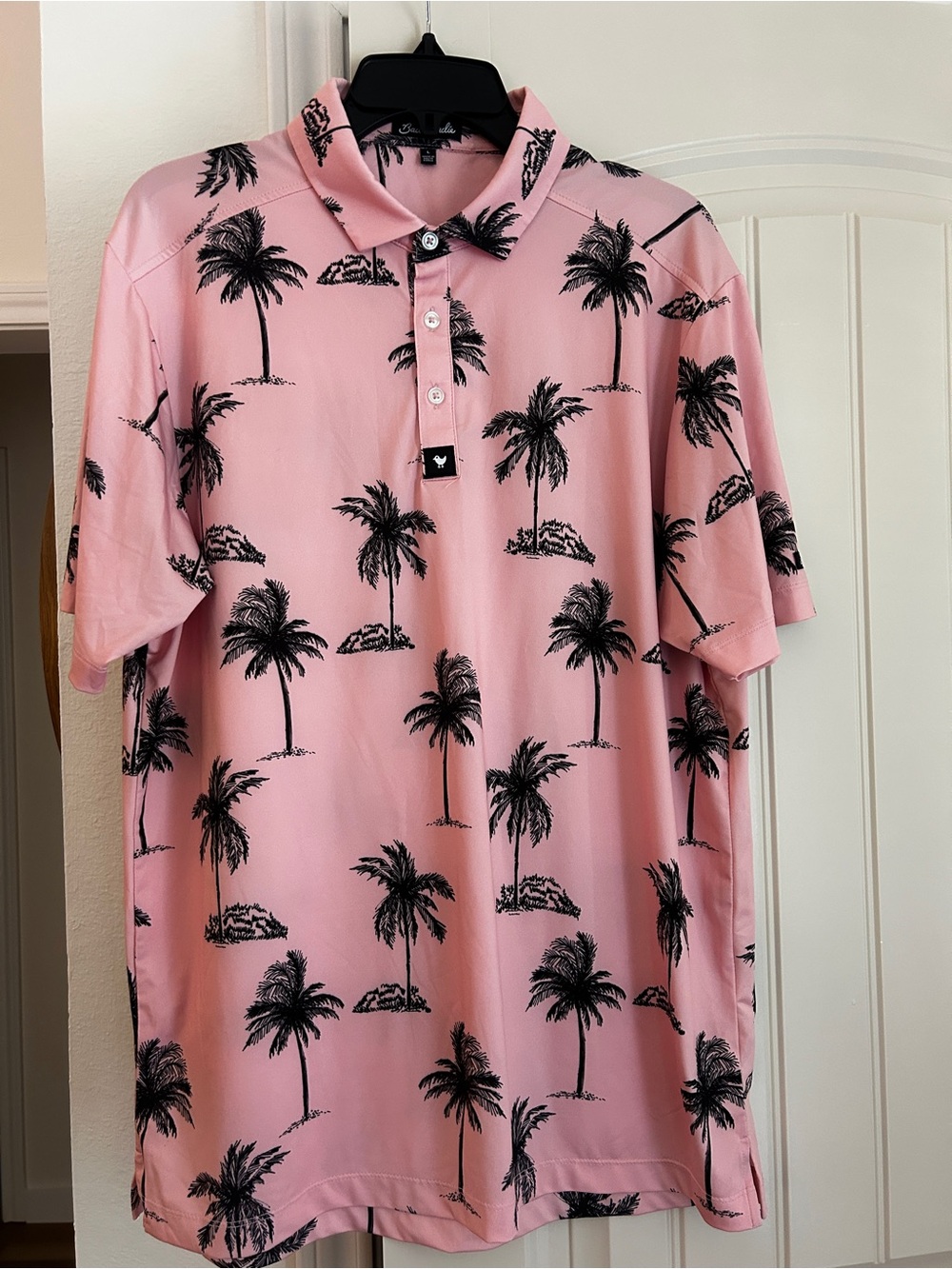 Bad Birdie Pink Polo with Black Palm Tree Motif